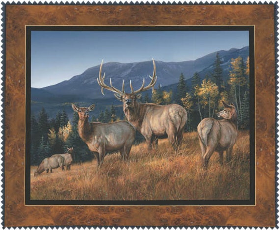 35 x 44 in quilt top panel Elk wapiti Wildlife animal fabric
