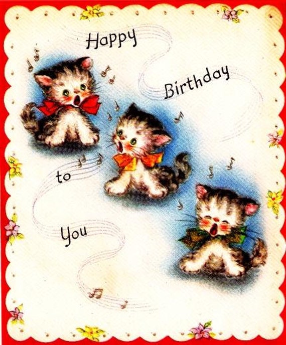 Vintage Birthday Card Three Kittens