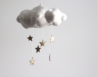 Gold Star Cloud Mobile - modern fabric sculpture baby nursery decor in linen and metallic faux leather- Free US Shipping