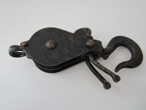 Vintage Cast Iron Double Pulley with Hook by cottagewhimsies