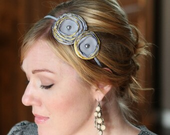 Woman's Double Flower Headband in Grey and Butter Yellow