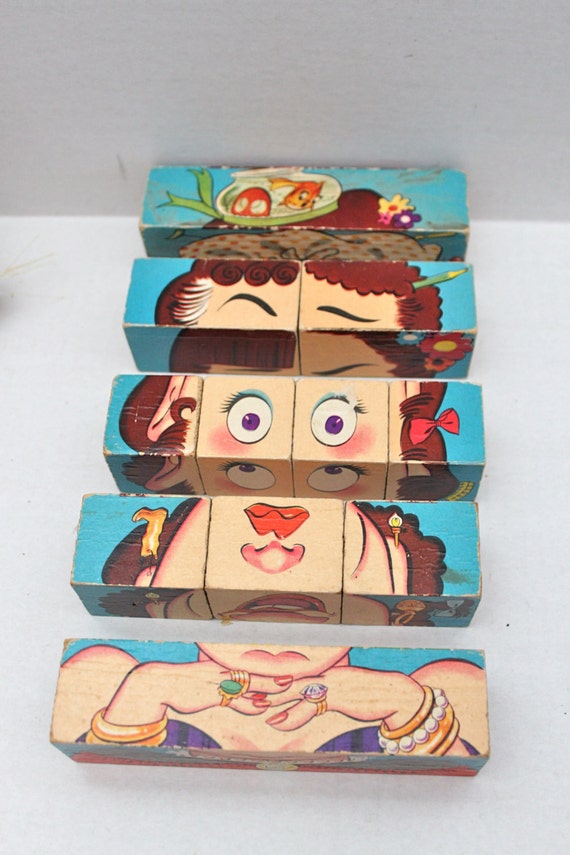 vintage wood block face puzzle // Changeable Charlie's