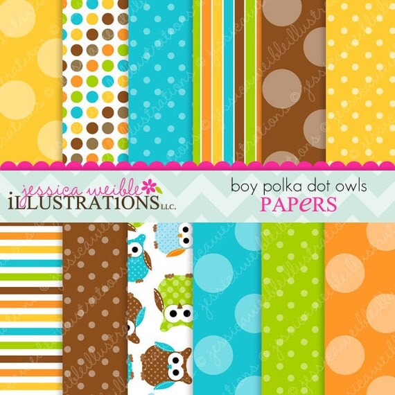 Boy Polka Dot Owls Cute Digital Papers Backgrounds for Invitations, Card Design, Scrapbooking, and Web Design Il_570xn