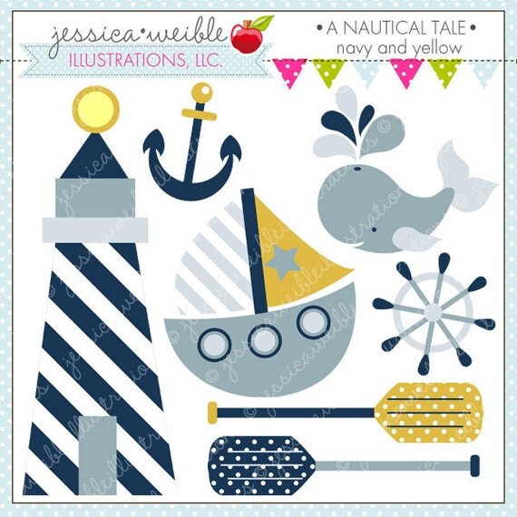 A Nautical Tale - Navy and Yellow - Cute Digital Clipart for Commercial and Personal Use, Nautical Sailing Clipart Il_570xn
