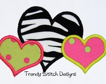 3 Hearts Applique Design Machine Embroidery Design INSTANT DOWNLOAD