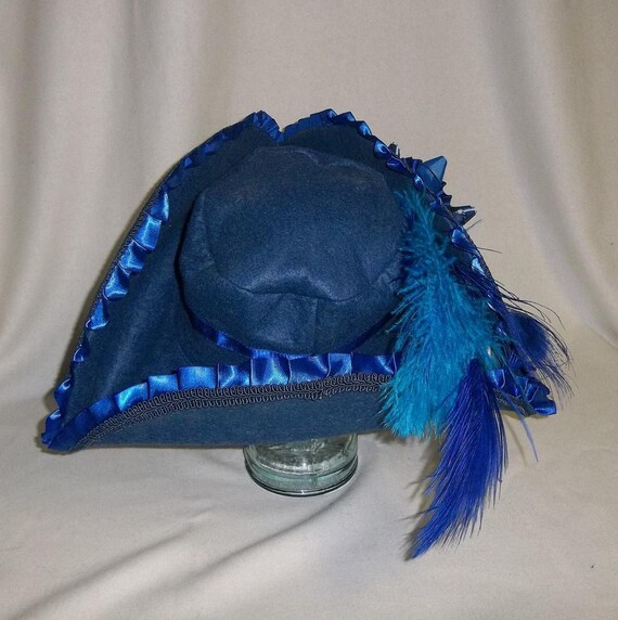 Deluxe Blue Pirate Hat Tricorn with Blue Trim and Feathers