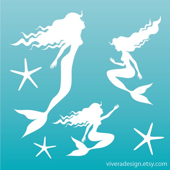 Mermaid Silhouette Clip Art in Black and White with Aqua and