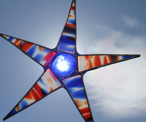 Freedom Star- 8 inch red white blue and clear stained glass star