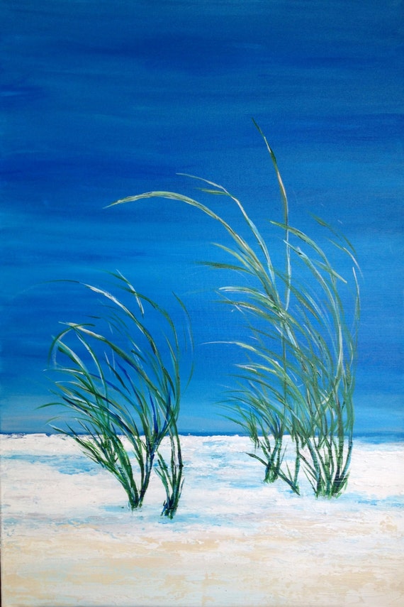 Beach with Seagrass Acrylic Painting Original Art on Canvas