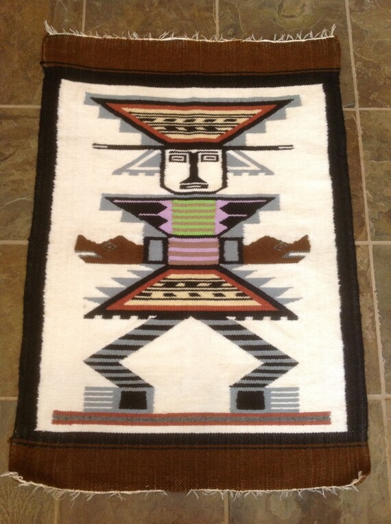 Vintage Mexican wool wall hanging rug AZTEC by FaerieMoonbeams
