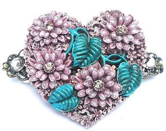 PS, Flower Garden Crystal Barrette, Lavender Pink Flower Heart, Hand Painted,Swarovski Crystal Hair Jewelry,Bride,Brides Maid Accessories