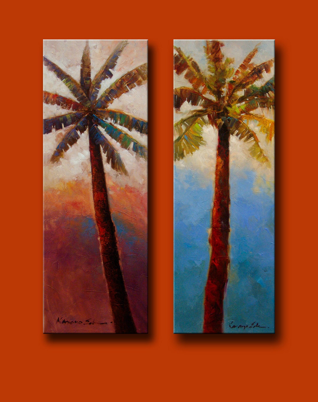 Pair of Original Canvas Palm Tree Paintings 14x40 each.