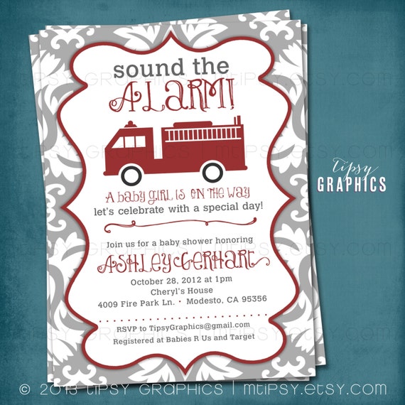 Sound the Alarm. Pretty Damask Firetruck Baby Shower or Party Invite by Tipsy Graphics Il_570xn