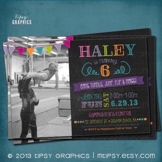 Tumble, Jump Flip & More. Photo Chalkboard Trampoline or Gymnastics Birthday Party Invite by Tipsy Graphics Il_570xn