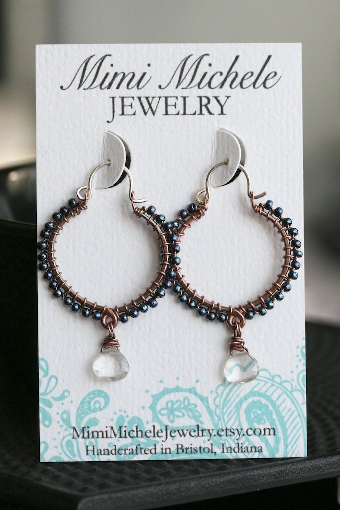Handmade copper dangle boho hoops blue Toho seed bead