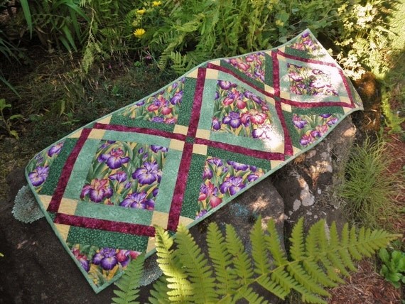 Quilted Table Runner Iris Garden in Violet Fern