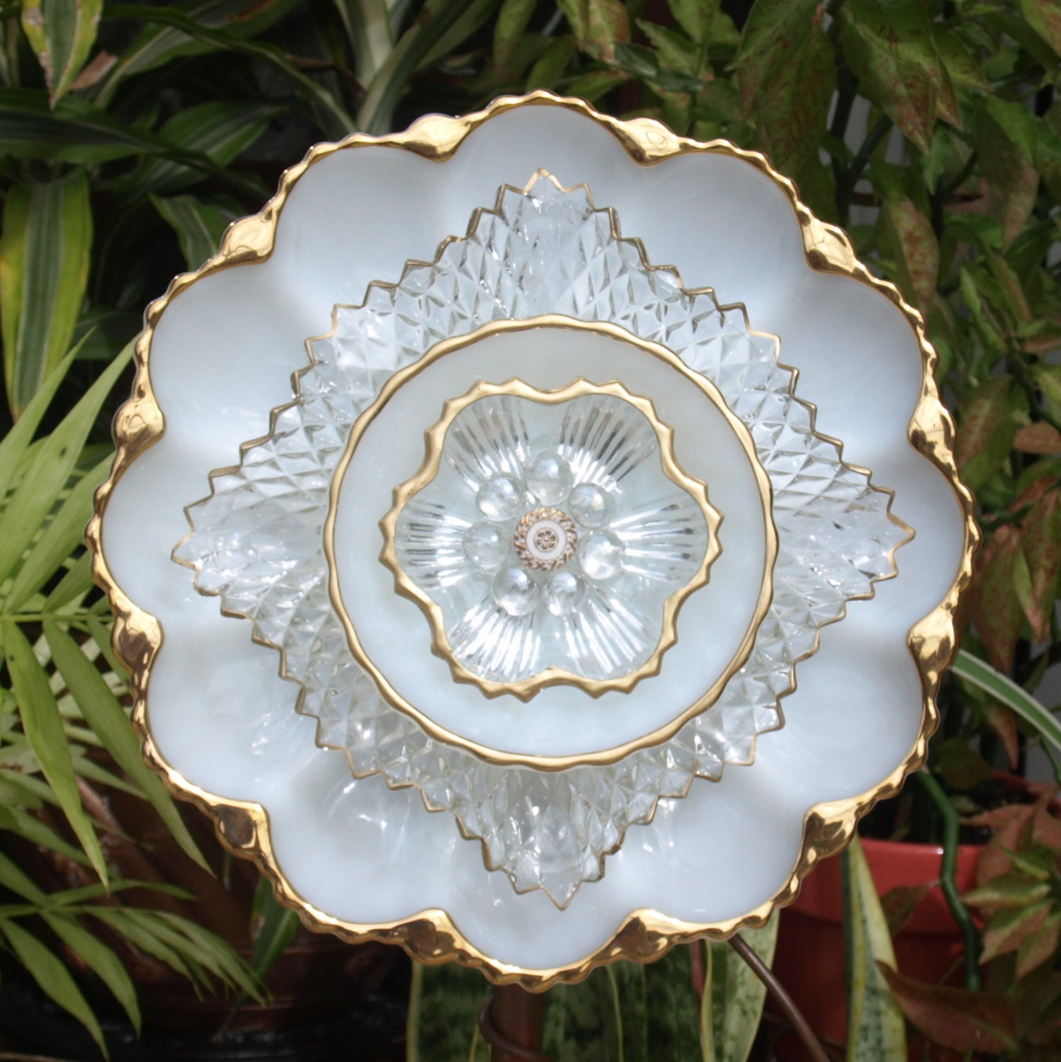 Glass Plate Flower repurpose vintage anchor Hocking egg plate