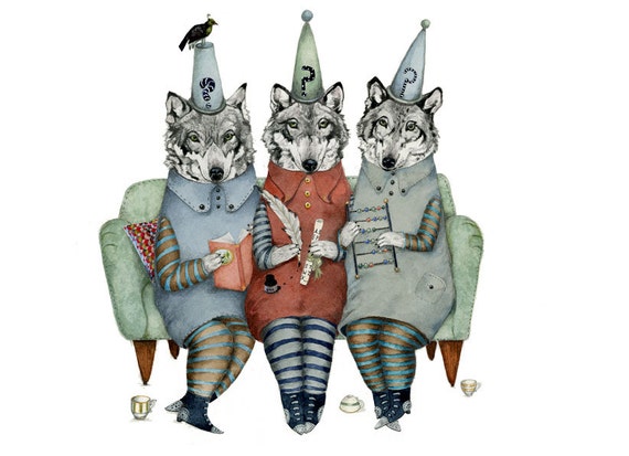 Wolf Print Wolves in thinking caps Giclee art print illustration 8x11