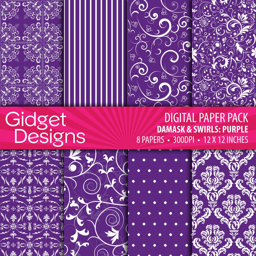 Purple Digital Paper Pack Damasks Patterns Scrapbook Paper