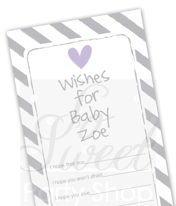 Baby Wish Cards - Girls Baby Shower Purple and Gray - Baby Shower Decorations - Baby Advice Cards - Heart and Stripe - Set of 12 Il_570xn