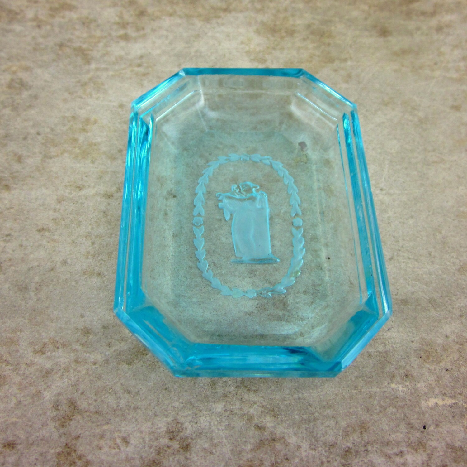 Vintage Intaglio Pale Aqua Glass Open Salt Dish Salt Cellar