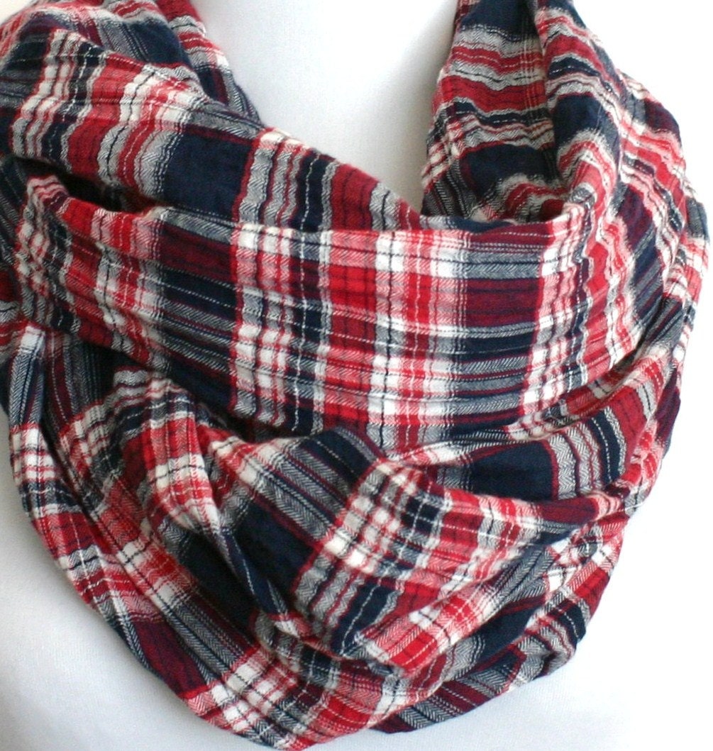 Plaid Infinity Scarf in Red White and Navy Blue Crinkled