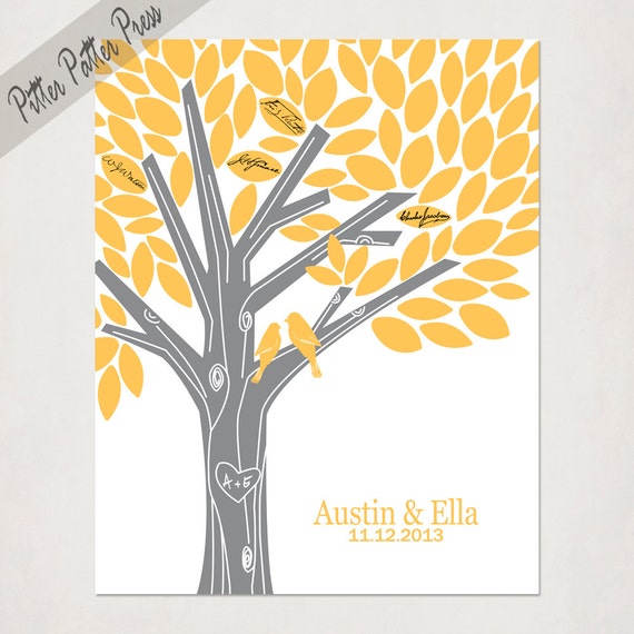 Wedding Guest Book Alternative // Poster  or Canvas Sign for signatures // Custom Birds // Tree with names // Gray Yellow // 16X20 or 18X24