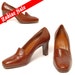 70s Loafer Pumps Brown Leather 1970s Shoes Wood Stacked Heels Slip On Hipster Shoes / Size 7