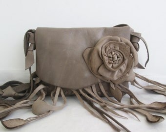 brown taupe leather handbag messenger, shoulder bag with removeable flower rose by Tuscada. Ready to ship