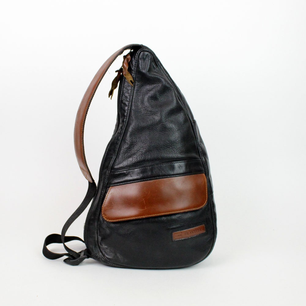 black leather sling backpack / LL Bean one shoulder saddle