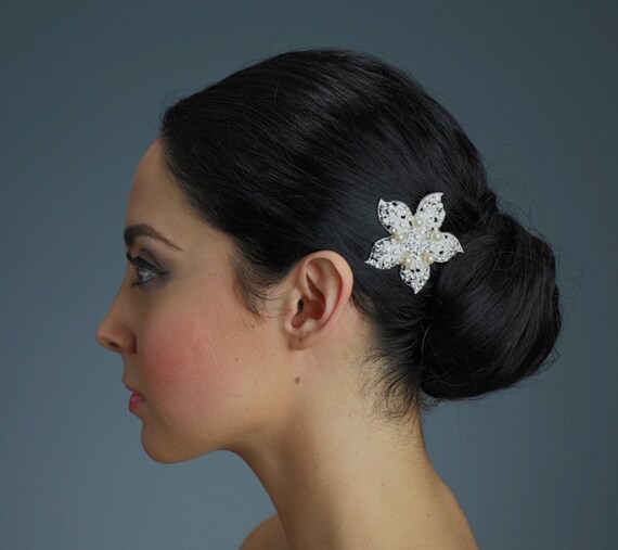Rhinestone Flower Hair Clip with White/Ivory or Cream