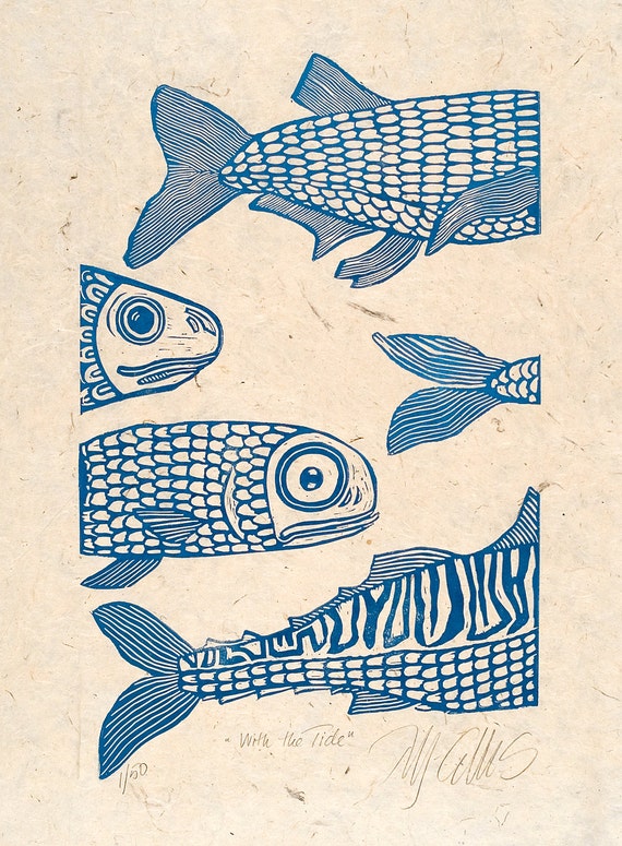 linocut print With the tide fish in blue on handmade