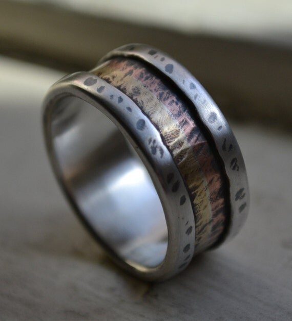 mens wide band ring Marriage of Metal fine silver with