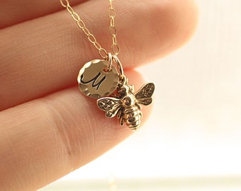 Tiny Honey Bee Necklace, Gold Initial Charm Necklace, Personalized Necklace, Initial Charm, Dainty Necklace, Gift for Her, Mother's Necklace