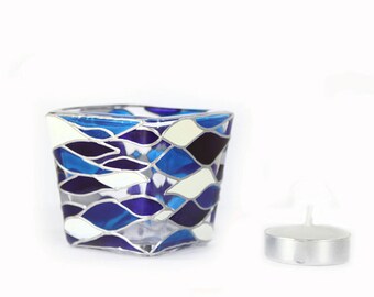 Hand Painted Glass Candle Holder Tea light mini candle holder White cobalt blue waves contemporary abstract design