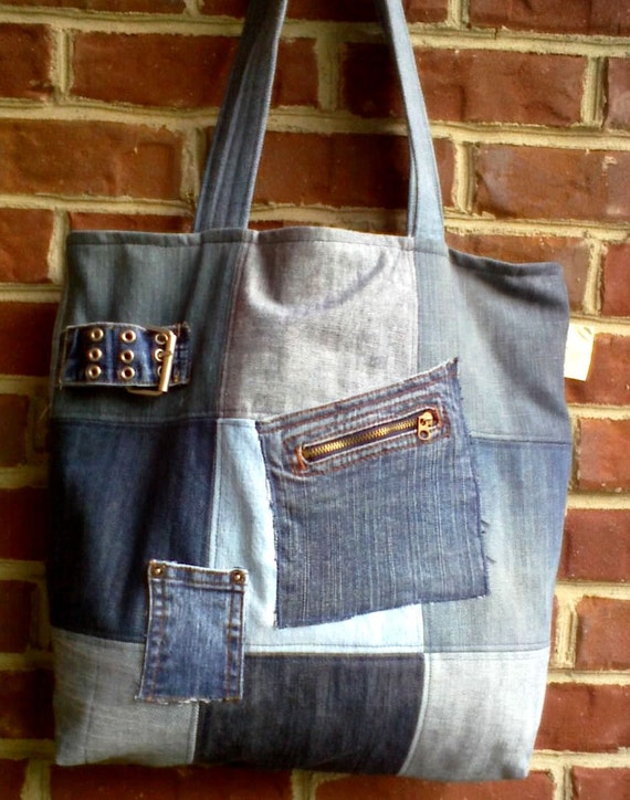 Denim tote bag made from re-purposed denim jeans 15 x