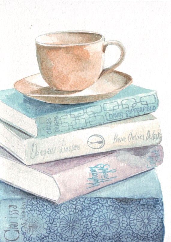Original watercolor painting teacup on books great reads art