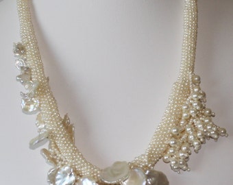 Peyote Tubular Pearl Necklace With Tahitian Pearl by pearlweaver