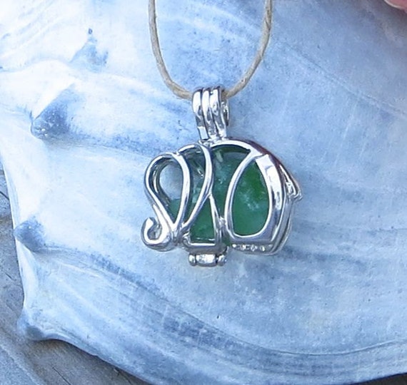 Sea Glass Elephant Necklace Locket Frosted Green Pendant
