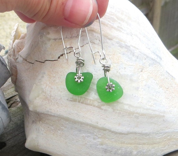 Green Sea Glass Earrings Dangling