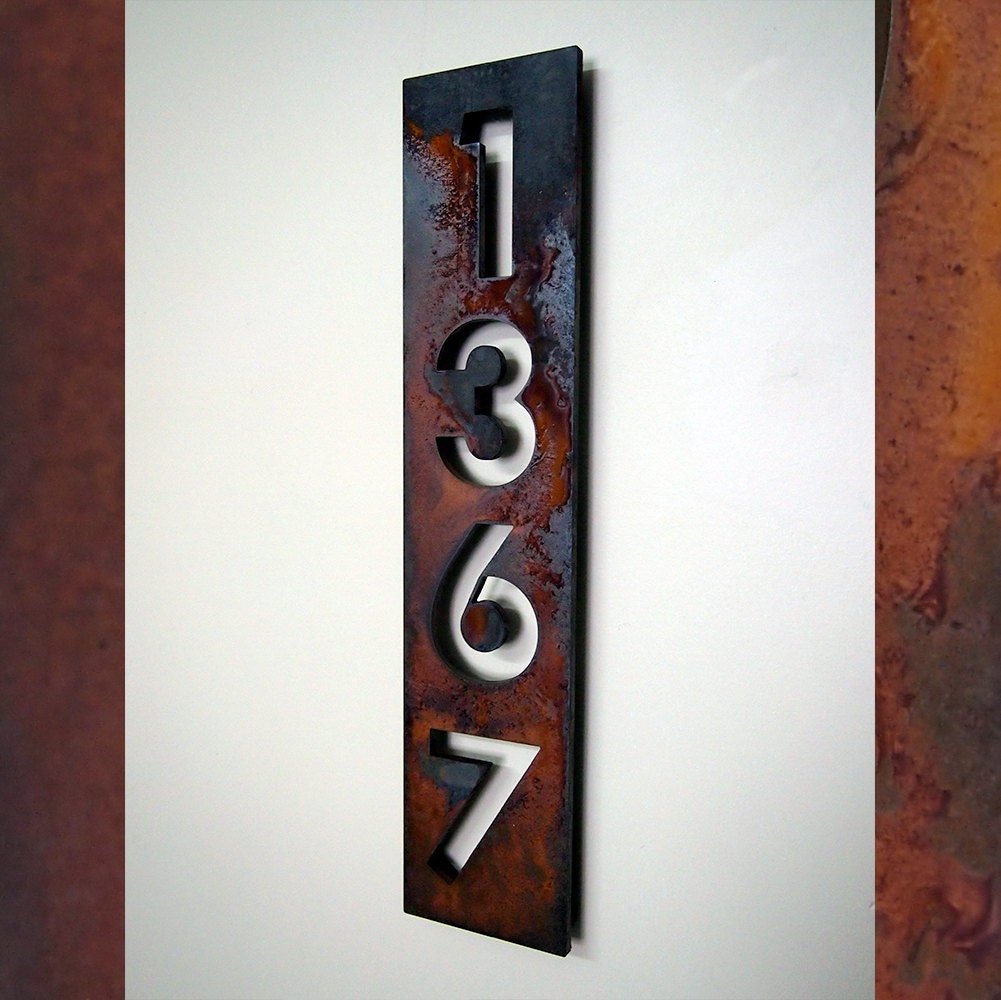 Custom Modern Floating House Numbers Vertical in Rusted Steel