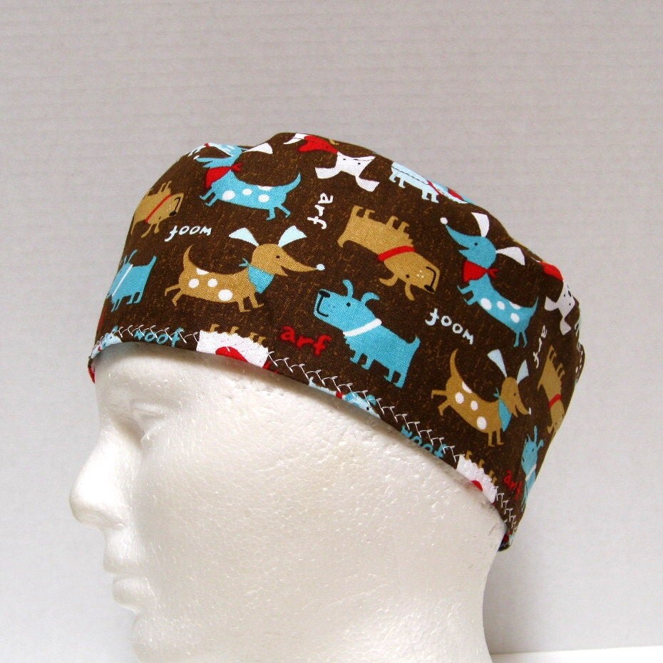 Mens Scrub Hat or Surgical Cap with Dogs on Brown