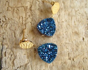 Druzy Earrings Blue Drusy Quartz 24K Gold Vermeil