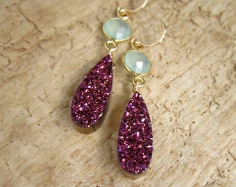 Plum Druzy Earrings Drusy Quartz Sea Green Chalcedony 24K Gold Vermeil Bezel Set