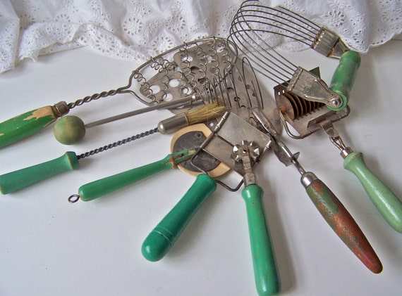 Vintage Kitchen Utensils Green Wood Handles by cynthiasattic