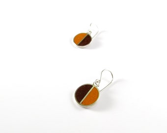 Sterling Silver Earrings, Divided Circles, Chocolate and Orange, Dangle, Modern, Contemporary, Minimal