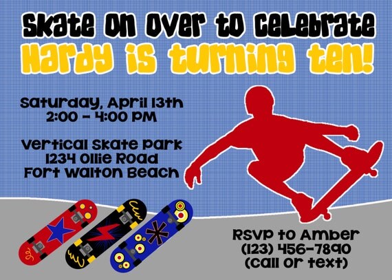 Skateboard 5x7 Invitation - Boy Birthday Party - PRINTABLE Il_570xn