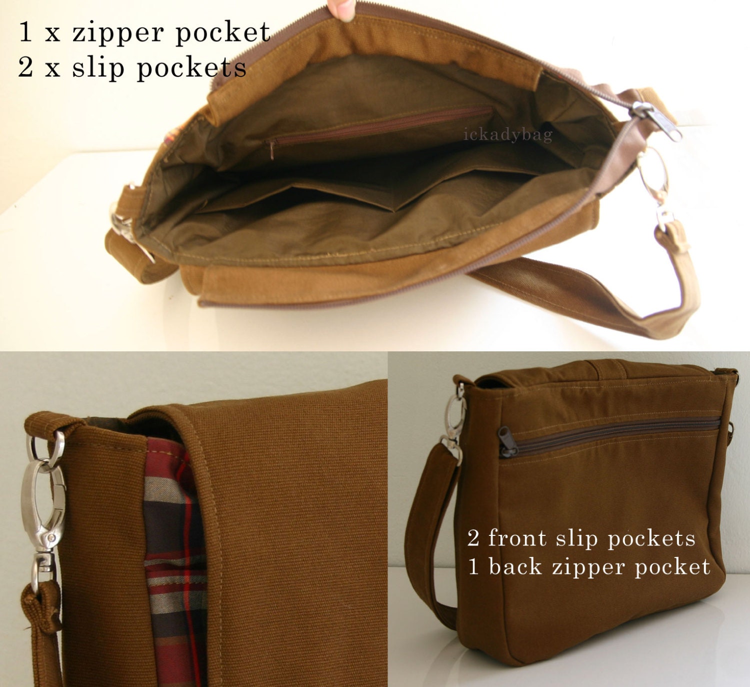 SALE Brown Messenger Bag with Plaid and Waterresistant