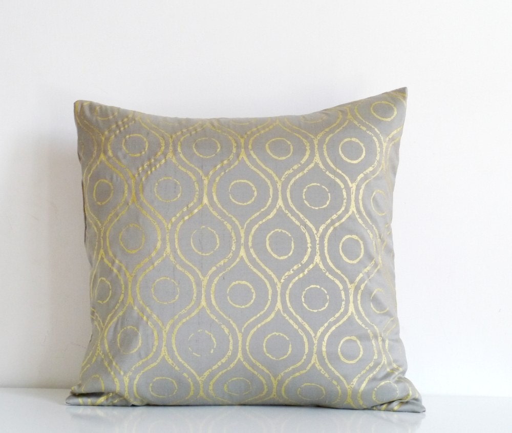 Silver gray silk throw pillow gold metallic print on gray