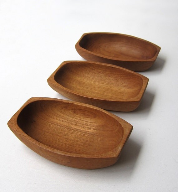 Vintage retro set of teak wood snack bowls